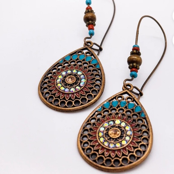 Jewelry - Dangling Teardrop Multicolored Bronze Beaded Earrings Costume Jewelry